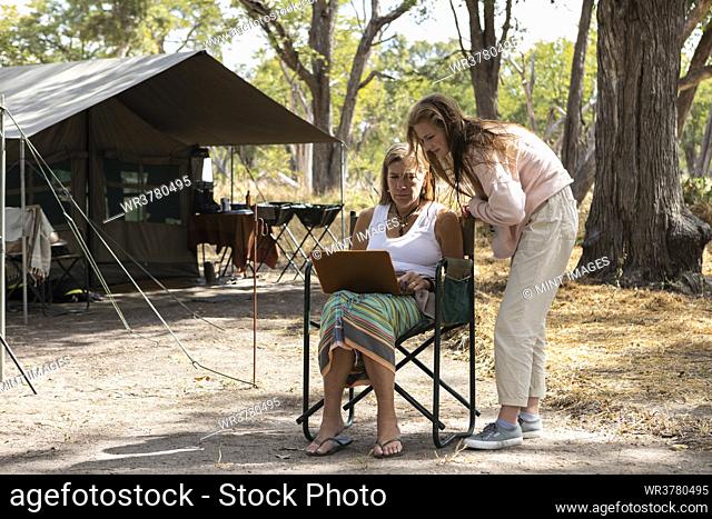adult woman using laptop, tented camp, Okavango Delta, Botswana