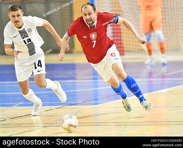 L-R Matej Fidersek (SLO) and Lukas Resetar (CZE) in action during the final match of Group D of the 2024 FIFA Futsal World Cup qualification