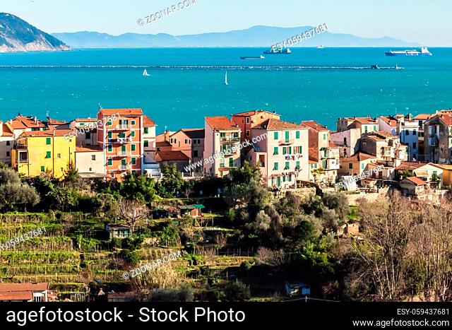 Fezzano Italy January 6 2014 On the east coast of La Spezia there is this village from which you can admire the bay and the passage of ships in the afternoon