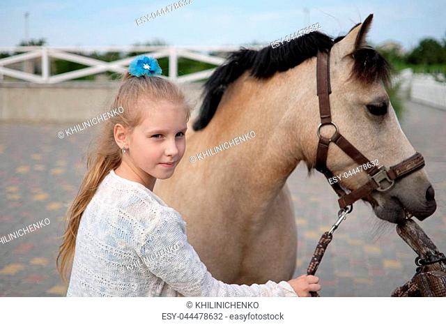 little girl cleans and combs her pony and saddles him to ride