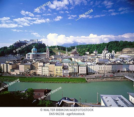 View towards Rudolfskai from the Hettwer Bastei (old town), Salzburg. Austria