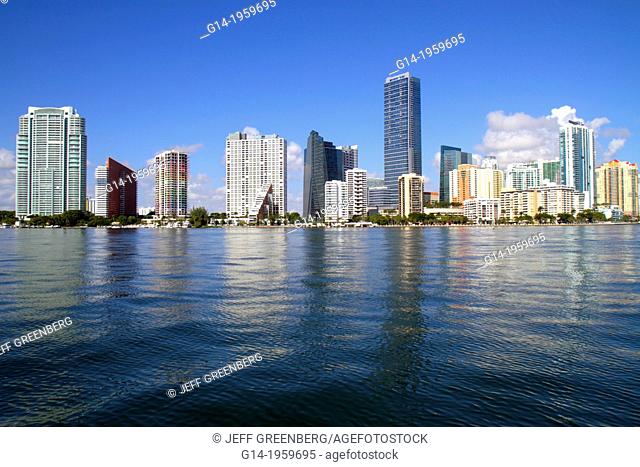 Florida, Miami, Biscayne Bay, city skyline, Brickell Avenue, water, skyscrapers, high rise, condominium, office, buildings, Four Seasons Hotel,