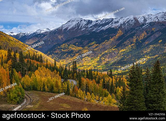 Million Dollar Highway Bends through Fall Colors of San Juan Mountains Ouray Colorado USA