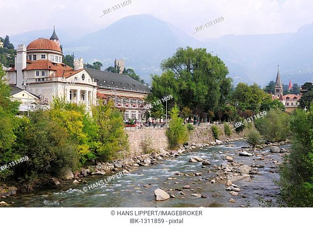 Spa hotel and Passer river, Merano, South Tyrol, Italy, Europe