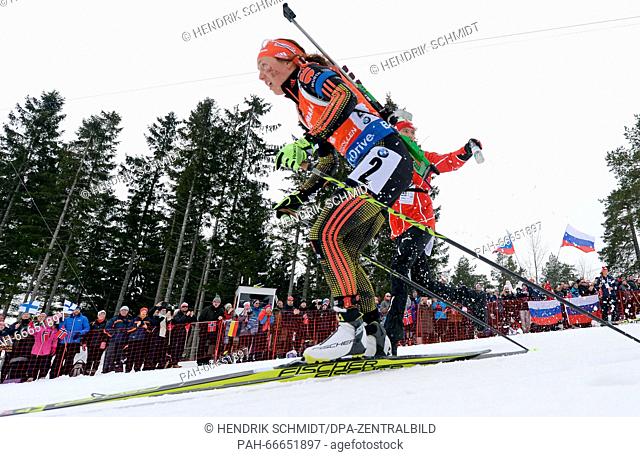 Female Biathlete Laura Dahlmeier of Germany in action during the Women 12.5km Mass Start competition at the Biathlon World Championships