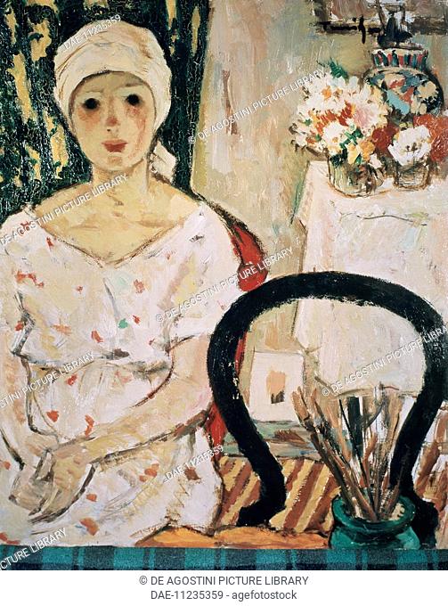 Woman in an interior, by Nicolae Tonitza (1886-1940), olio su cartone. Romania, 20th century