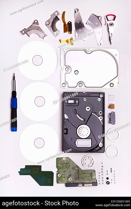 Close up view of a computer disassembled hard drive isolated on a white background