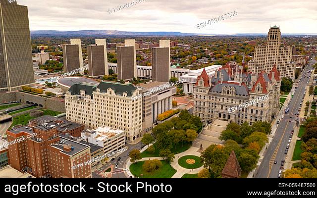 Its a crisp cold day in Albany New York downtown at the statehouse in the aerial view