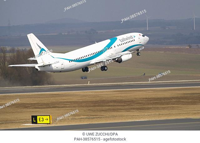 A Boeign 737 takes off as the first regular flight to Antalya at the airport in Kassel-Calden, Germany, 04 April 2013. After around 15 years of planning