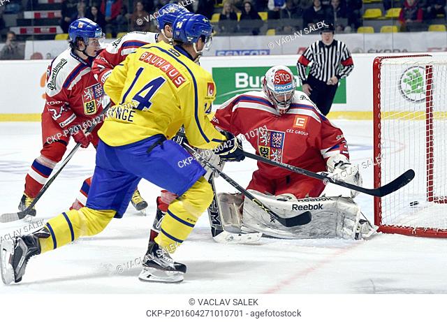 Goalkeeper Dominik Furch (CZE), right, receives a goal, from left are Petr Zamorsky and Tomas Voracek (both CZE) and Richard Gynge (SWE) during the Euro Hockey...