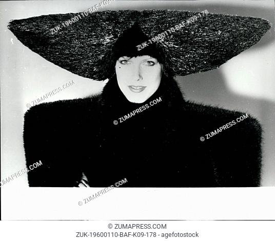 1968 - Fur Fashion Paris. Model wears a Trapezium Cape of black synthetic fur, from the Pace Rabanne Winter collection, with cocked hat of black lacquered fur