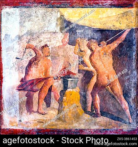 Hephaestus' workshop - In Hephaestus' workshop the Cyclops forge the weapons of the heroes fresco Pompeii, Casa delle Quadrighe (House of the Quadrigas) 68-79...