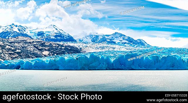 Panoramic view of Grey Glacier and Grey Lake at Torres del Paine National Park in Southern Chilean Patagonia, Chile