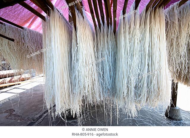 Freshly made rice noodles hanging over bamboo poles to dry, ready for sale, Hsipaw, Shan state, Myanmar (Burma), Asia
