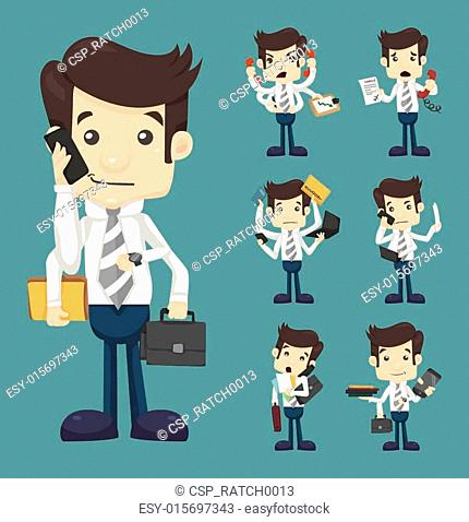 Set of businessman with many hands in elegant suit working hold notepad clipboard, cell phone, paper, document, contract