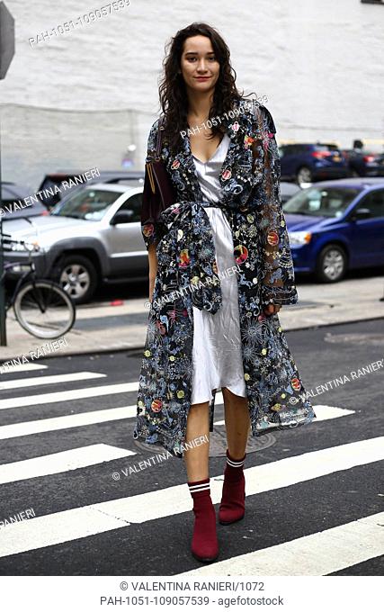 Model Mona Matsuoka posing on the street outside of the Maryam Nassir show during New York Fashion Week - Sept 12, 2018 - Photo: Runway Manhattan ***For...