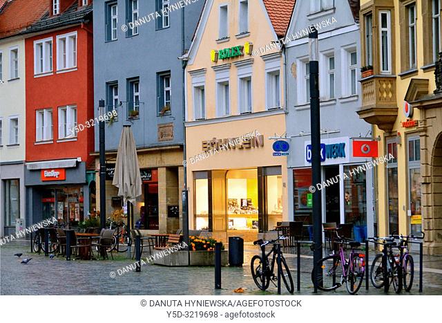 Facades of historic townhouses in the evening, Maximilianstrasse - main touristic promenade in old town, Bayreuth, capital of Upper Franconia, Bavaria, Bayern