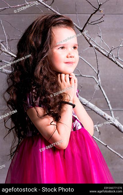 Brunette girl child 5 years old in a pink dress. in holiday gray room with tree