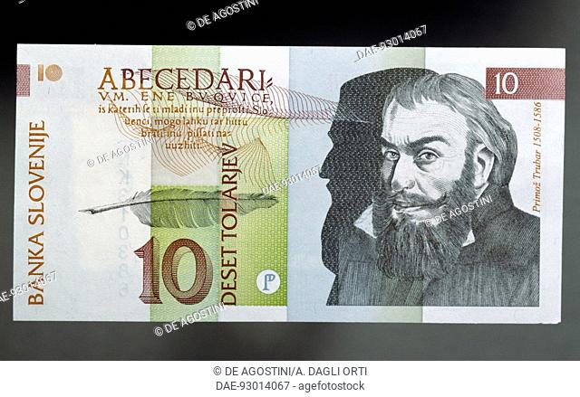 10 tolarjev banknote, 1992, obverse, Primoz Trubar (1508-1586). Slovenia, 20th century