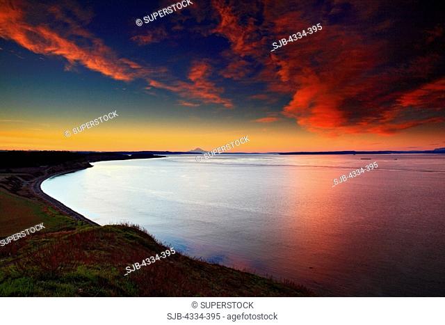 Sunrise over Mount Rainier and Puget Sound from Ebey's Bluff, Ebey's Landing, Whidbey Island, Washington