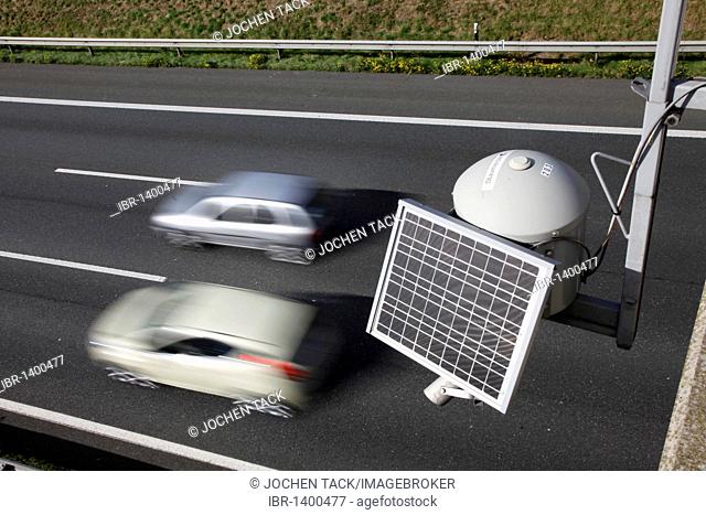 Solar-powered sensors measure the flow of traffic to determine a traffic jam or to make a forecast of the traffic development, on a bridge on the A2 motorway