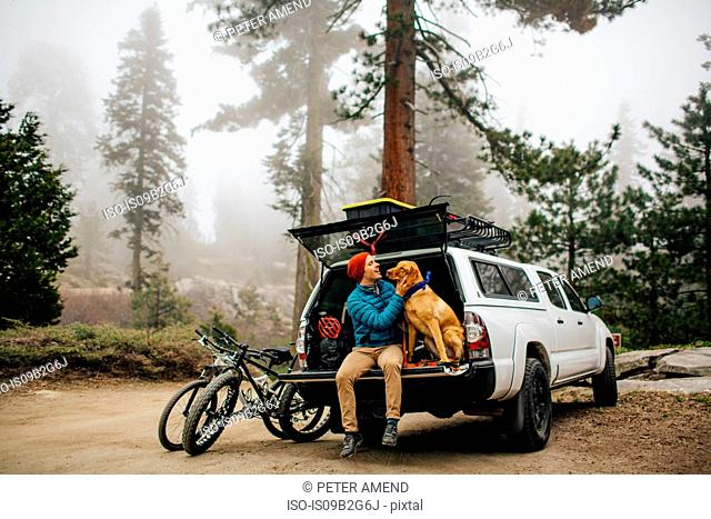 Man and dog sitting on tailgate of off road vehicle, Sequoia National Park, California, USA