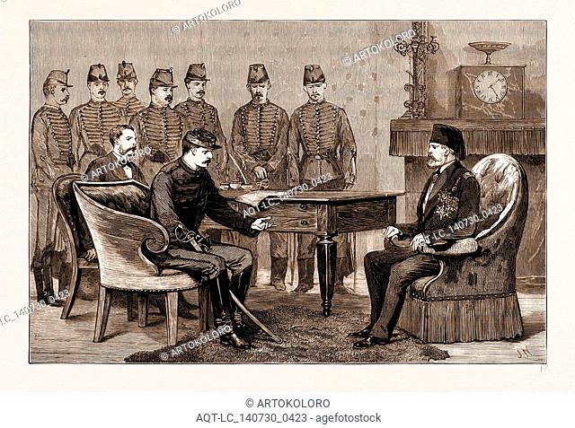 THE FRENCH OCCUPATION OF TUNIS, THE BEY SIGNING THE TREATY WITH FRANCE AT THE BARDO PALACE, MAY 12, 1881; M. Roustan, General Breart, The Bey