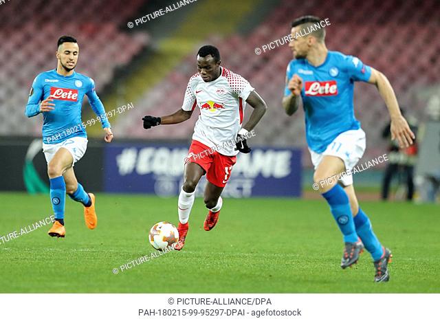 Leipzig's Bruma (C) and Naples' Adam Ounas (L) and Christian Maggio in action during the UEFA Europa League soccer match SSC Naples vs RB Leipzig in Naples