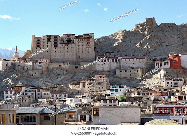 INDIA, LEH, 14.07.2010, A view of the buildings along Nowshar Street, a predominately Muslim area in Ladakh with the magnificent Leh Palace towering above