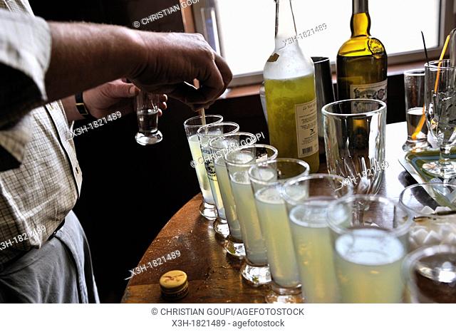 glasses of absinthe, Distillery Pierre Guy, Pontarlier, Doubs departement, Franche-Comte region, France Europe