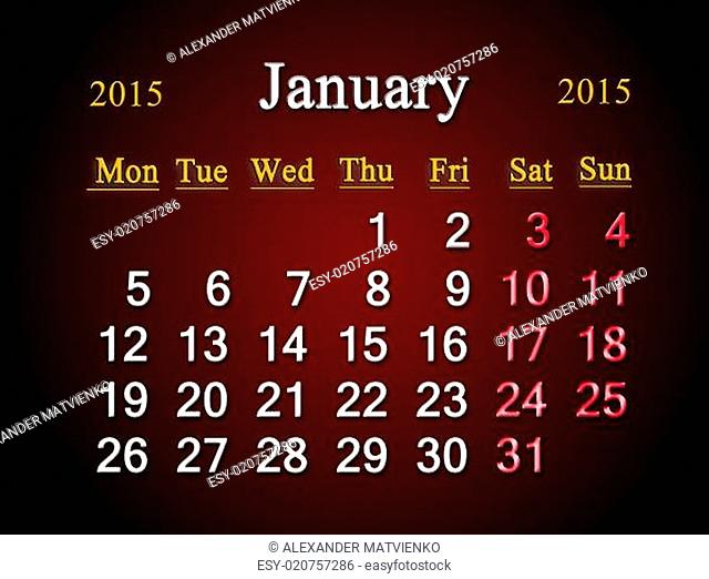 calendar on January of 2015 year on claret