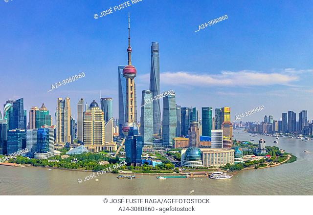 China, Shanghai City, Pudong District, Lujiazui Area, Huangpu river, Oriental Pearl Tower, . , World Financial Center and Shanghai Tower. Panorama