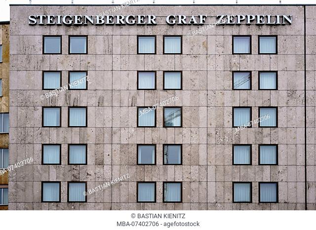 The striking facade with square rows of windows of the luxury hotel Steigenberger Graf Zeppelin in Stuttgart