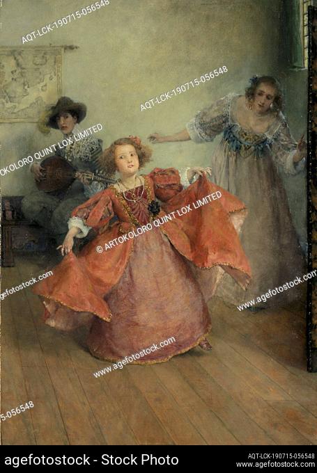 Airs and graces, Performance titled 'Airs and graces.' Interior with a dancing girl. On the right the mother watches, on the left a man with a lute