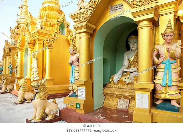 Architecture details at the Shwedagon Pagoda, a gilded stupa located in Yangon, Myanmar. The 99 metres tall pagoda is situated on Singuttare Hill