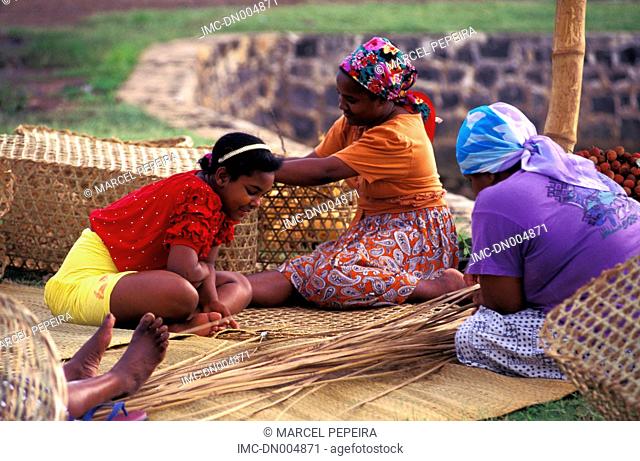 Mauritius, vannery, women making baskets