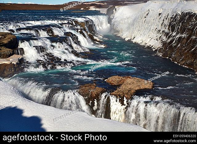 Gullfoss waterfall in Iceland, ice on the side