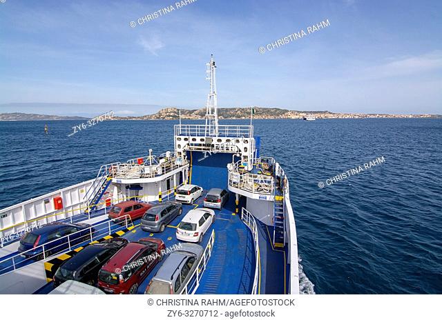 Ferry Isola di S. Stefano between Palau and Isola Maddalena approaching Isola Maddalena, Sardinia, Italy