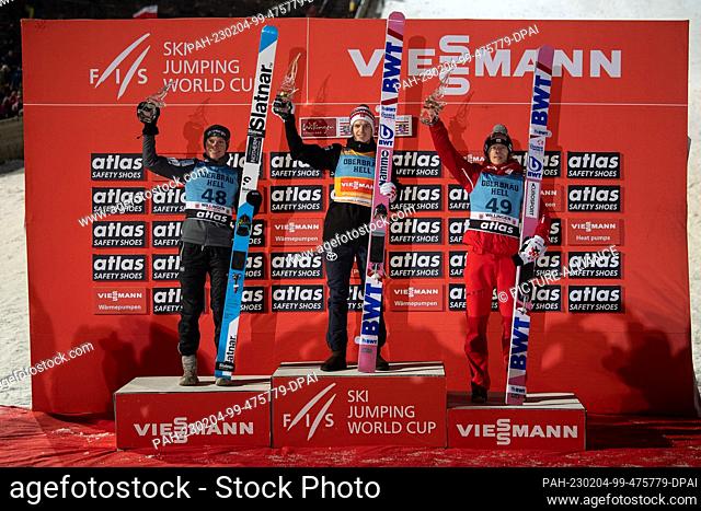 04 February 2023, Hesse, Willingen: Nordic skiing, ski jumping: World Cup, large hill, men. Halvor Egner Granerud (M) from Norway celebrates after his victory...