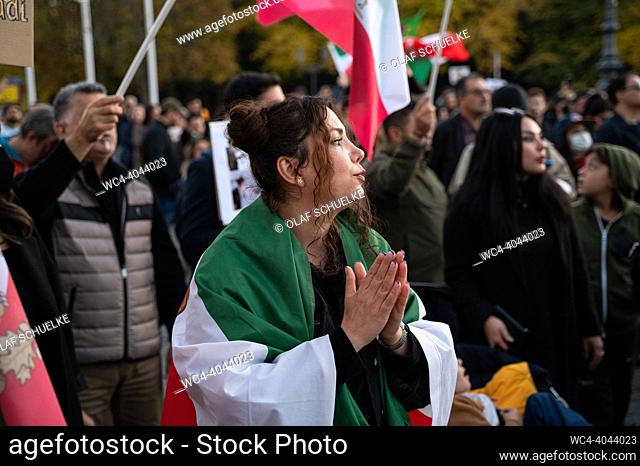 Berlin, Germany, Europe - An Iranian woman protests together with several hundred activists during a demonstration and solidarity rally in front of the...