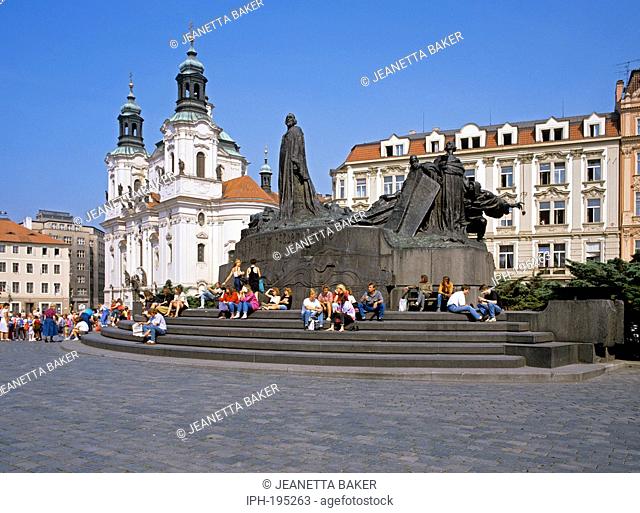 Prague - Jan Hus Memorial in Old Town Sqaure stands near St Nicholas's Church, founded in the 13th Century