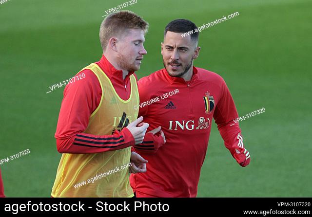 Belgium's Kevin De Bruyne and Belgium's Eden Hazard pictured during a training session of the Belgian national soccer team Red Devils