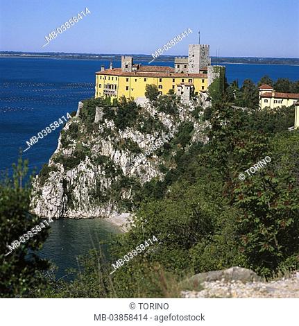 Italy, Friaul, Duino, rock-coast, Castello Nuovo, North-Italy, coast-region, steep-coast, coast, castle, fortress, castle-installation, construction, sight