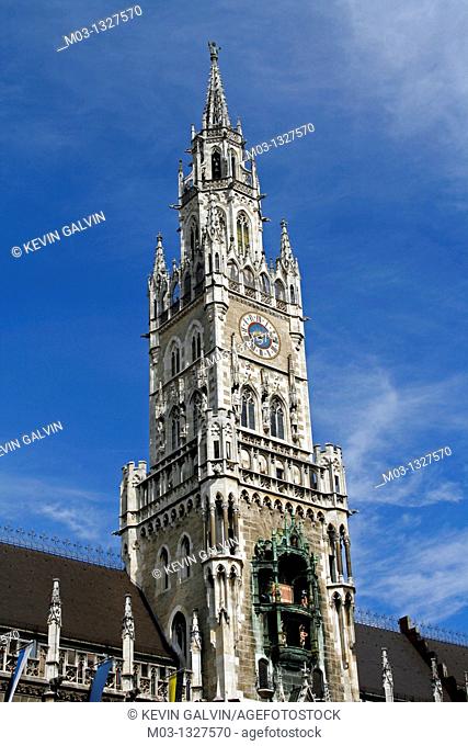 Germany Bavaria Munich Marienplatz with Glockenspeil on Neues Rathaus town hall steeple