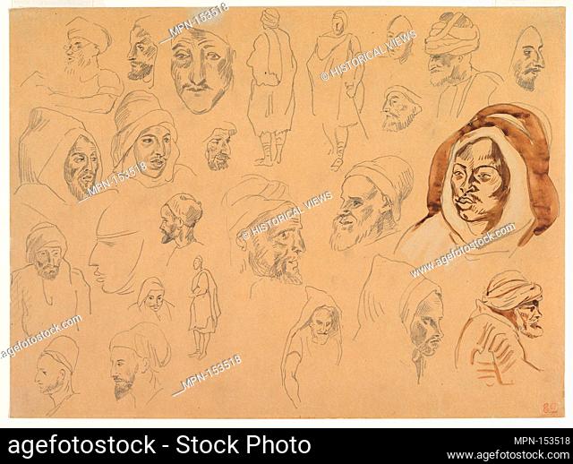 Studies of Arab Heads and Figures. Artist: Eugène Delacroix (French, Charenton-Saint-Maurice 1798-1863 Paris); Date: 1810-63; Medium: Graphite and wash on wove...