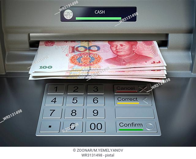 ATM machine and money. Withdrawing yuan banknotes