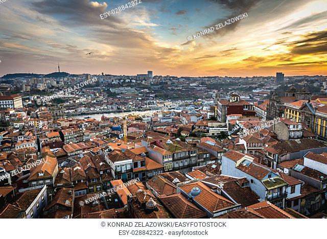 Aerial view from Clerigos bell tower with Portuguese Centre of Photography and Sao Bento Monastery in Porto, Portugal. Gaia city on abckground