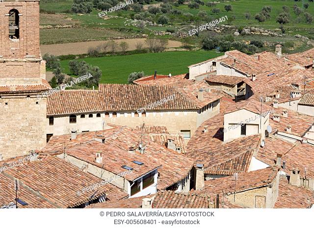 view from above the tiled roofs of a Spanish village, Cuevas de Canart, Teruel, Aragon, Spain