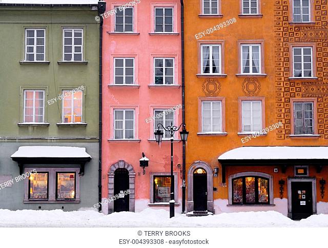 Colourful building facades in Warsaw's Old Town. Stary Miasto, Poland