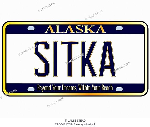Alaska state license plate in the colors of the state flag with the text Sitka over a white background